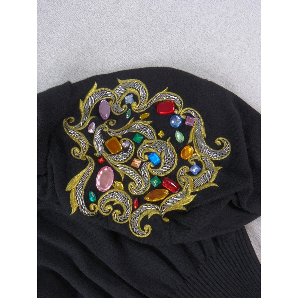 Ann Tjian for Kenar Vintage Black Lambswool Beaded Rhinestone Sweater Medium